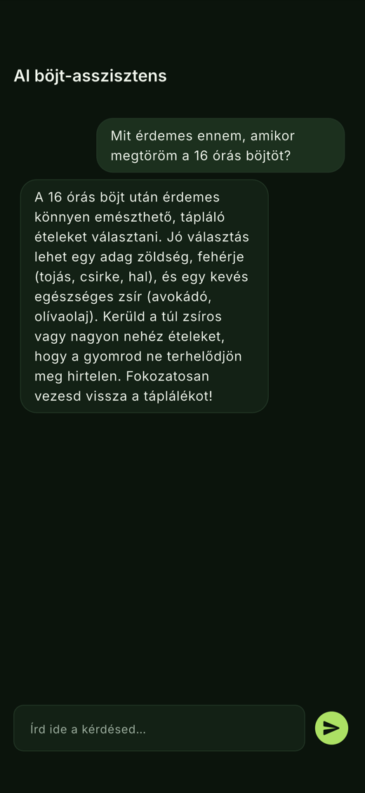 Az AI böjt-asszisztens beszélgetése az alkalmazásban.