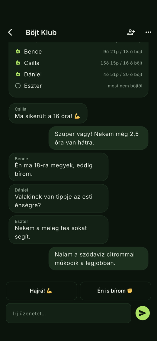 Csoport nézet a tagok futó böjtjével és a beszélgetéssel.