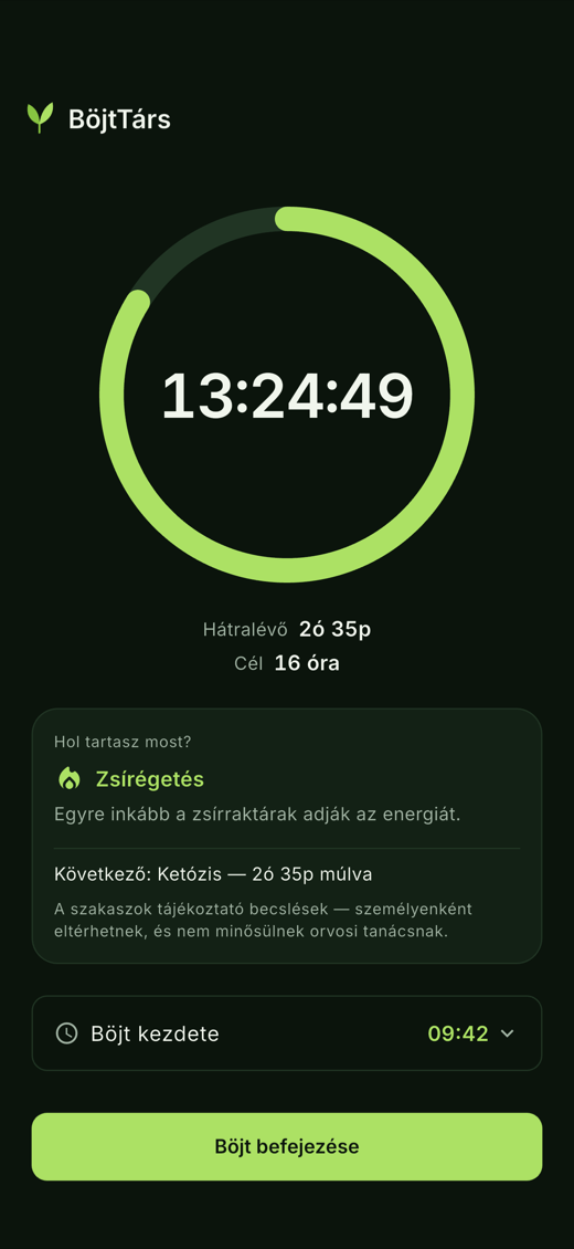 Futó böjt a BöjtTárs alkalmazásban, körívvel és hátralévő idővel.