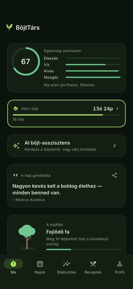 A BöjtTárs napi áttekintője a futó böjttel, az egészség-pontszámmal és a böjtfával.
